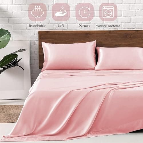 MR&HM Satin Bed Sheets, Full Size Sheets Set, 4 Pcs Silky Bedding Set with 15 Inches Deep Pocket for Mattress (Full, Light Pink) thumbnail 6