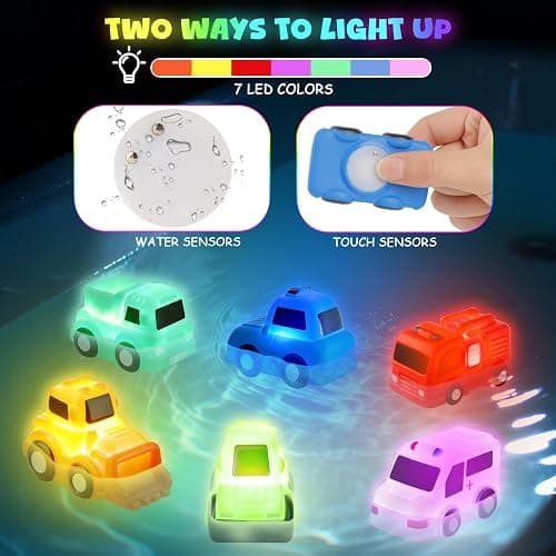JoiTale Baby Bath Toys, 6 Pack Cars Light Up Bath Toys, No Hole No Mould Bathtub Toy for 1 2 3 Year Olds, Flashing LED Sensory Toy for Toddlers, Bath Time Shower Gifts for Boys and Girls thumbnail 3