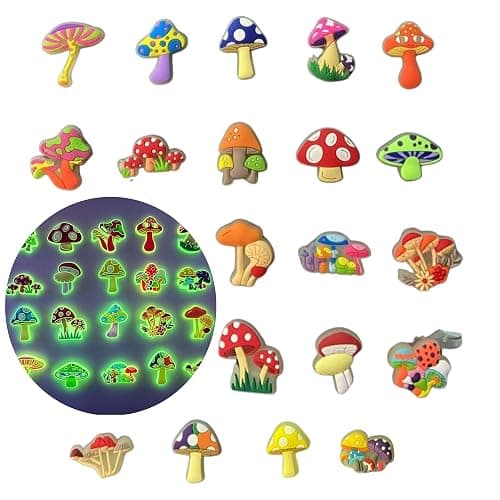 Fungi Fun 20pcs Glow in the Dark Mushroom Shoe Charms for Clog Slides Sandals, Glowing Cute Mushroom Shoe Decoration, Kawaii Colorful Luminous Mushroom Shoe Pins Accessories for Kid Girls,Boys Party Favor - Image 1