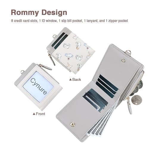 Cynure Women's Rfid Blocking Lanyard ID Credit Card Holder Compact Leather Bifold Wallet With Zipper Pocket, floral grey thumbnail 2