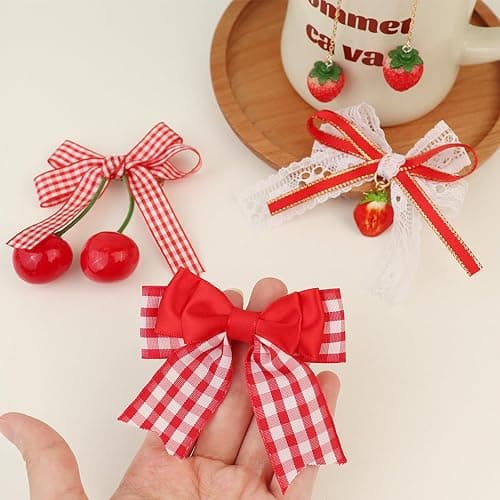 8 Pcs Cherry Strawberry Bow Hair Clips Cute Red White Bow Alligator Hair Clips Lace Gingham Hairpin Bows Fruit Hair Barrettes Hair Accessories for Women Girls Christmas Party thumbnail 7