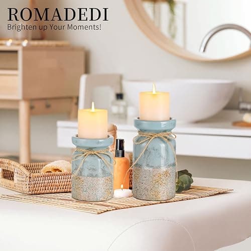 Romadedi Beach Pillar Candle Holder - Terracotta Distressed Blue Teal Ocean Theme Decor Drift Bottle Design Nautical Rustic Farmhouse Gift for Coastal Home Bathroom thumbnail 7