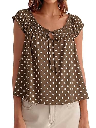 Tankaneo Women Summer Tie Front Tank Tops Cap Sleeve Babydoll Flowy Tops | Pleated Shirt,Casual Loose Fit,Polka Dot,Peplum,Going Out,Cute Boho - Image 1