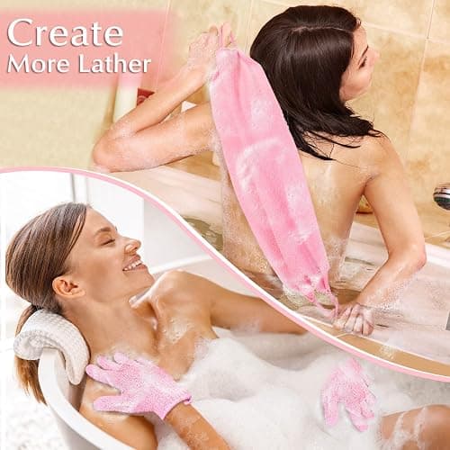 Anezus Exfoliating Shower Bath Gloves Back Scrubber Set for Body, Face, Shower, Bath, Scrub and Exfoliator (Pink) thumbnail 2