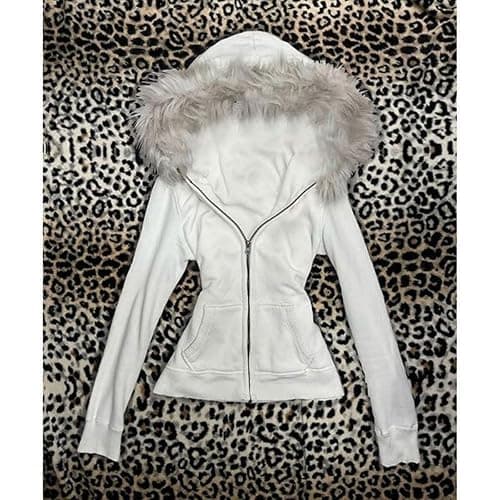 Vintage Fur Hood Jacket Fitted Zip Up Long Sleeve Hoodie Retro Cute Winter Streetwear thumbnail 4