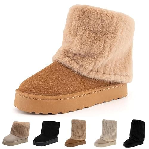 Gezolligheid Women's Faux Fur Mid Calf Snow Boots - Round Toe Suede Warm Fur Lined Platform Flat Comfort Outdoor Winter Fashion Boots - Image 1