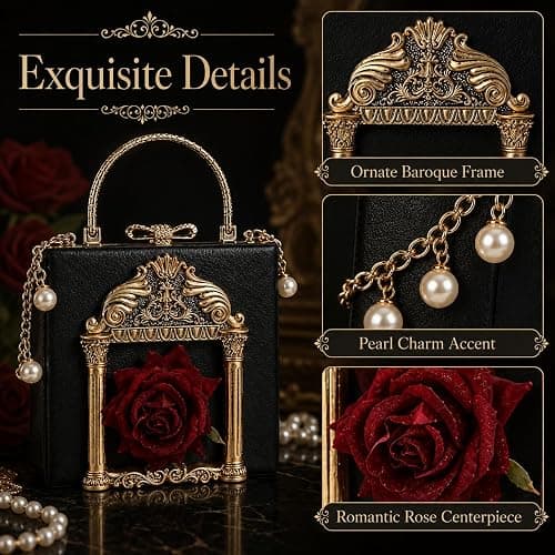 QZUnique Women Love Angel Floral Evening Bag Rose Embossed Formal Purse Clutch Black Gold Crossbody Pearl Chain Shoulder Bag thumbnail 3