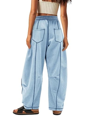 Yanekop Womens Baggy Wide Leg Pants Casual Fall Trousers Palazzo Pants Drawstring Waist Barrel Sweatpants with Pockets thumbnail 2