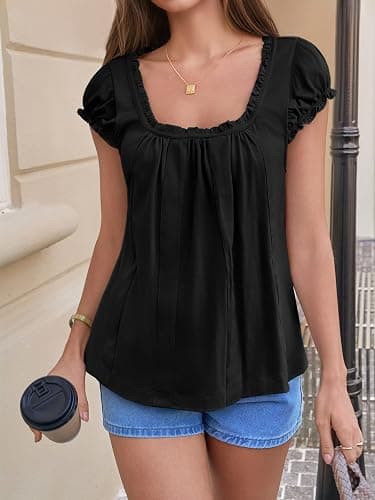 Tankaneo Womens Babydoll Tops Cap Puff Sleeve Ruffle Tank Tops Summer Scoop Neck Flowy Shirts Trendy Casual Pleated Blouse thumbnail 4