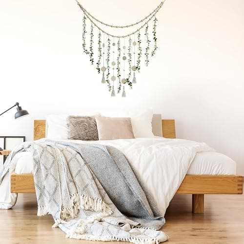 Hanging Eucalyptus Boho Wall Decor Large Boho Bedroom Wall Hanging Wooden Bead Garland Artificial Eucalyptus Natural Greenery Decoration, 36 x 36 Inch (Simple Color, Wood Chip Style) thumbnail 5