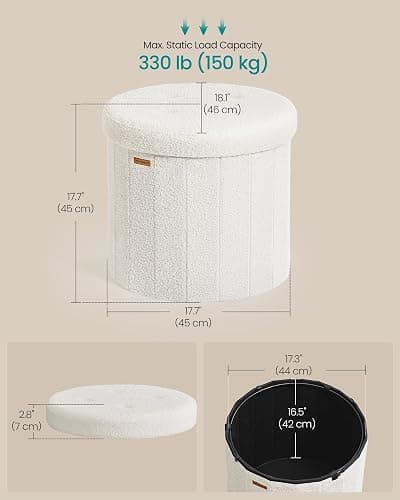 SONGMICS Mazie Collection - Round Storage Ottoman, Folding Footrest Stool with Removable Lid, Easy Assembly, Teddy Fleece Vanity Stool for Bedroom, Living Room, Entryway, Cream White ULSF606W01 thumbnail 3