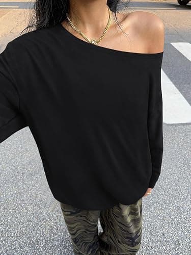 REORIA Womens Oversized One Shoulder Asymmetrical Neck Long Sleeve Basic T Shirts Y2K Tops Fall Winter Clothes thumbnail 6