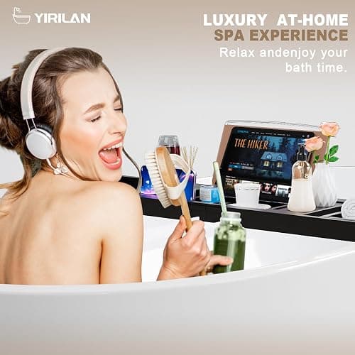 Yirilan Foldable Bathtub Caddy, Expandable Bath Tray, Unique House Warming Gifts, New Home, Anniversary and Wedding Gifts for Couple, Black-New thumbnail 4