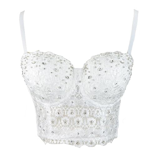 ELLACCI Women's Natural Reigning Lace Rhinestone Bustier Crop Top Sexy Mesh Corset Top Bra thumbnail 3
