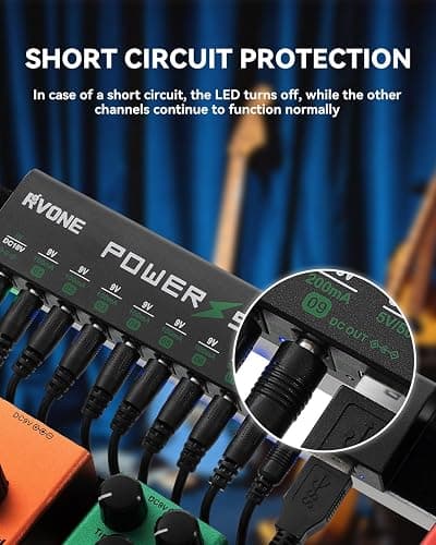 RVONE Guitar Pedal Power Supply, 10 Isolated DC Output for 9V/12V/18V Effect Pedal, Circuit Protection, Noise Reduction, 100mA 500mA USB Pedalboard Power Supply thumbnail 3