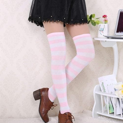 DRESHOW 6 Pairs High Thigh Socks Striped Over Knee Thin Tights Long Stocking for Women Leg Warmer thumbnail 4