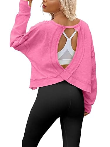 Magritta Womens Open Back Workout Top Loose Fit Boat Neck Athletic Shirts Casual Backless Crop Running Tee Y2k Yoga thumbnail 3