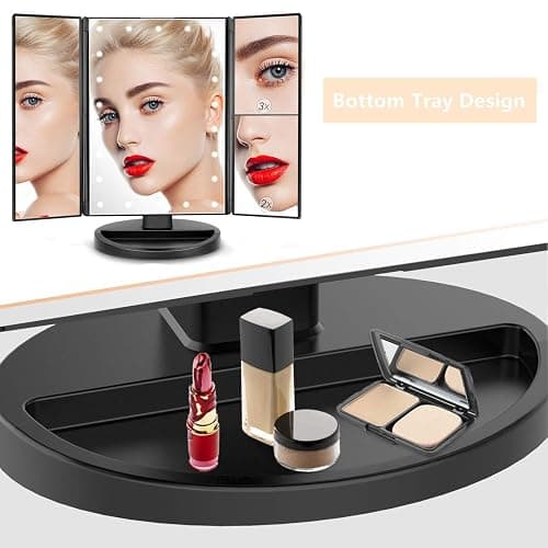 Flymiro Tri-fold Lighted Vanity Makeup Mirror with 3x/2x Magnification,Light up Mirror for Makeup,Touch Screen 21 LEDs,180° Rotation Countertop Cosmetic Mirror,Gifts for Women Mom Teen Girls thumbnail 7