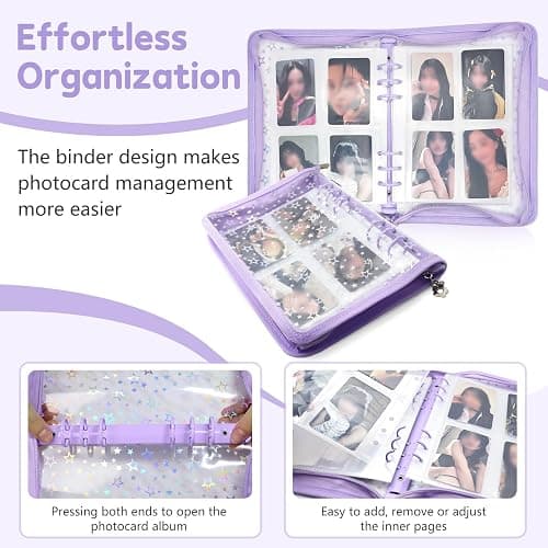 NOCAFI A5 Photocard Binder with 40 Pake 4-Pocket Pages, 6 Ring Photocard Holder Collector Storage Album Collecting Book with 320 Pockets for Organizing Photo,Trading,Game Card Collection (Purple) thumbnail 6