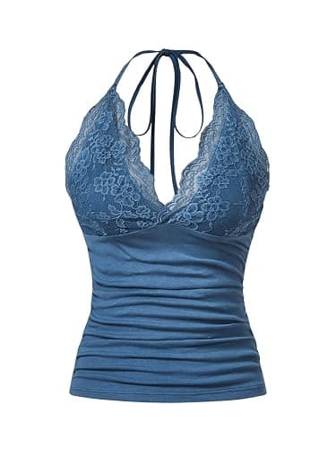 MakeMeChic Women's Halter Top Y2K Lace V Neck Ruched Low Cut Halter Tank Tops Camisole Tops - Image 1
