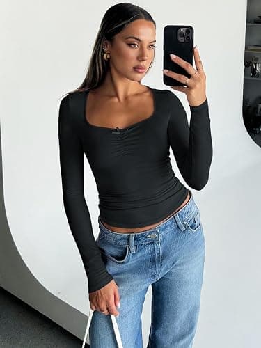 Trendy Queen Womens Long Sleeve Tops Going Out Top Trendy Cute Shirt Y2k Clothes Fashion Clothing Fall Outfits 2025 thumbnail 3