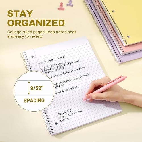 SUNEE Spiral Notebooks, 6 Pack, 1-Subject, College Ruled Paper, 8" x 10-1/2", 70 Sheets per Notebook, Assorted Pastel Colors Spiral Notebooks for School thumbnail 6