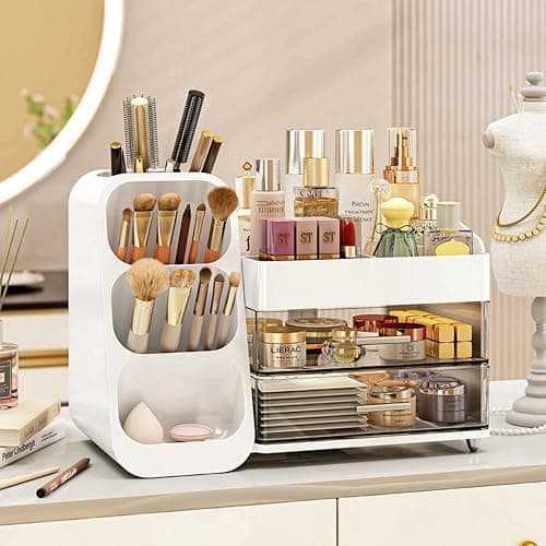 KQJS Makeup Organizer with Drawers,Large Capacity Countertop Organizer for Vanity,Bathroom and Bedroom Desk Cosmetics Organizer,Easy To Storage Skincare,Brushes,Lotions,Lipstick (White) - Image 1