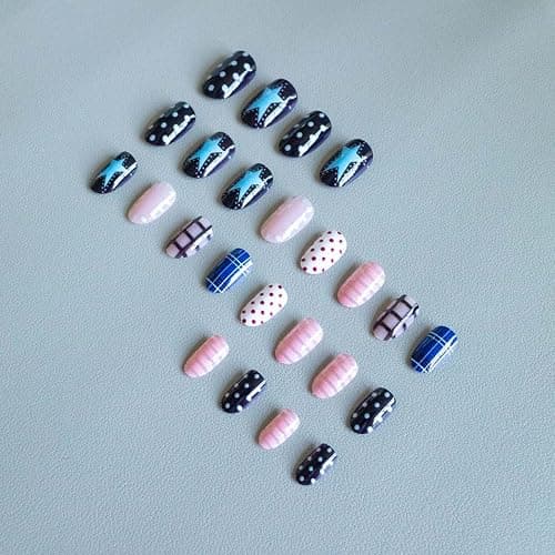 24Pcs French Tip Press on Nails Short Almond Polka Dot Fake Nails Press ons Nail Tips, ZWENJIE Stick on Nails Colorful Acrylic Nails Kit False Nails Plaid Design Nail Art for Women Manicure thumbnail 4