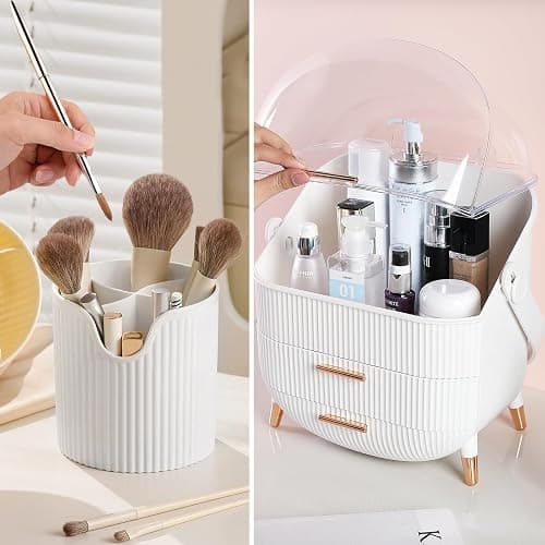 UCAMP Organisateur Maquillage avec porte-pinceaux-Boîte de Rangement de Maquillage 3 niveaux avec poignées et couvercle transparent,Boîte Rangement Maquillage étanche et anti-poussière thumbnail 6