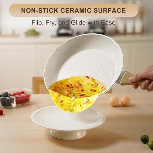 EWFEN 25 Pcs Pots and Pans Set, Nonstick Ceramic Cookware Sets, Healthy Non-Toxic, Large Capacity, Induction Compatible, Cooking Set with Frying Pans & Saucepans, PFAS/PTFE/PFOA Free, Cream White thumbnail 2