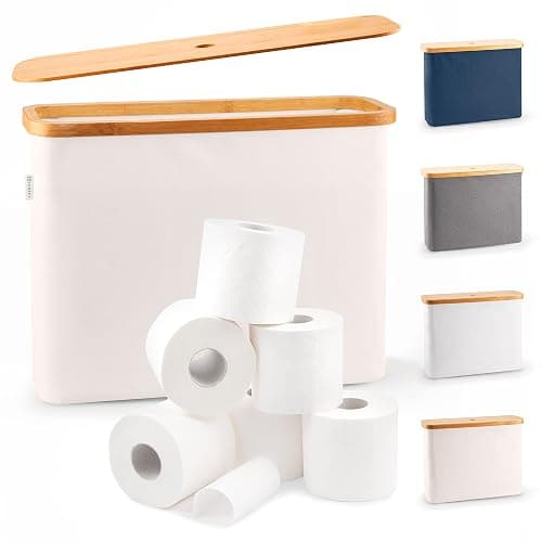 LONBET Toilet Paper Storage for 12 Rolls, Stackable & Foldable - The Ultimate Bathroom Organizer - Waterproof Basket with Bamboo Lid - Elegant Toilet Paper Storage Holder, Beige - Image 1