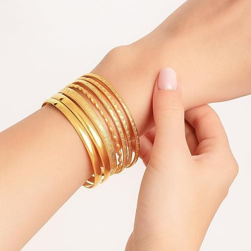 10 Pack Gold Bangles for Women,Stackable Bracelet Set,Stylish Boho Gold Bracelet Stack,Women Jewellery, Diameter: 2.6-2.7in/6.8-7cm thumbnail 7