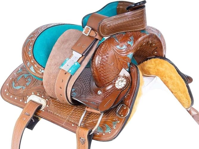 LEATHERRIDE Western Leather Barrel Saddle Floral Embossed Tooled Trail Rodeo Horse Saddle with Matching Headstall, Reins and Breast Collar thumbnail 6