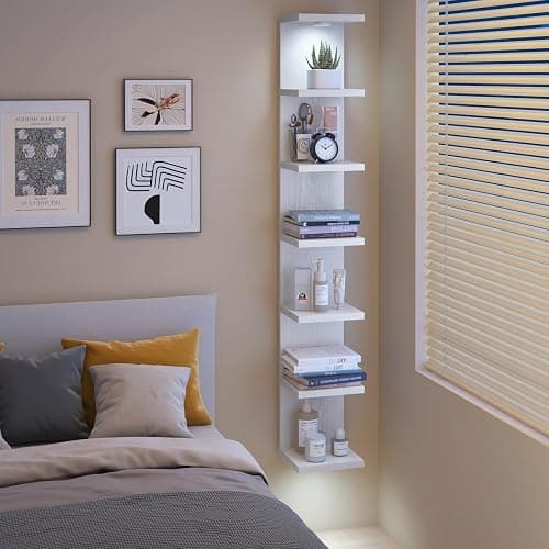 Fixwal 7 Tier Wall Shelves Wood Floating Shelves with LED Lights White Lack Wall Shelf Unit Vanity Floating Shelf Home Decor Organizer Tall Tower Design Utility Shelf thumbnail 6