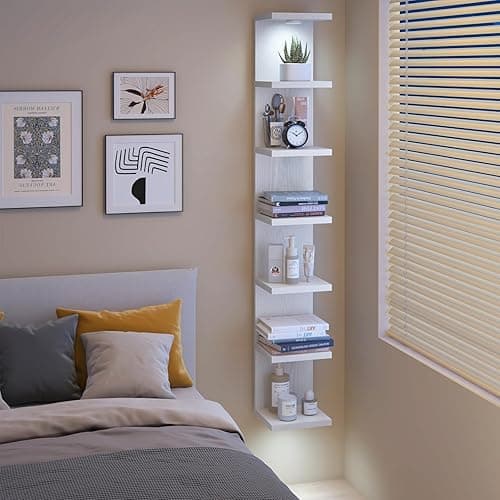 Fixwal 7 Tier Wall Shelves Wood Floating Shelves with LED Lights White Lack Wall Shelf Unit Vanity Floating Shelf Home Decor Organizer Tall Tower Design Utility Shelf thumbnail 7