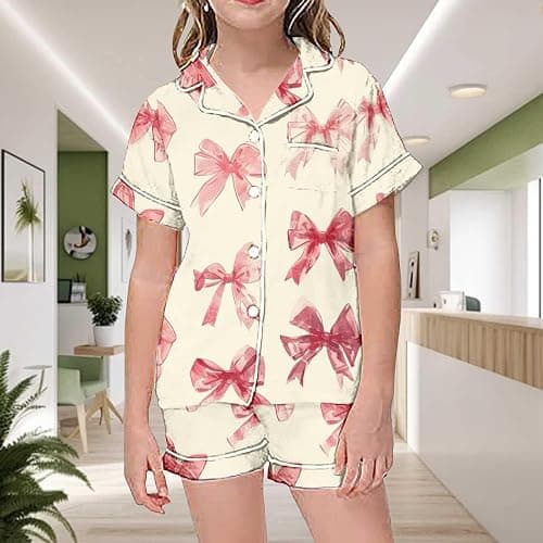 Pink Puff 2 Piece Outfits for Girls Bow Printed Pajam𝙖 Set Silk Lapel Button Down Short Sets Cute Preppy Clothing Sets 2-13Y thumbnail 2
