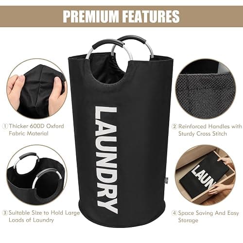 DOKEHOM 90L Large Laundry Basket Bag, Collapsible Tall Hamper, Black | Freestanding tall washing bin & foldable laundry bag. High-capacity clothes storage basket with durable sturdy handles thumbnail 7
