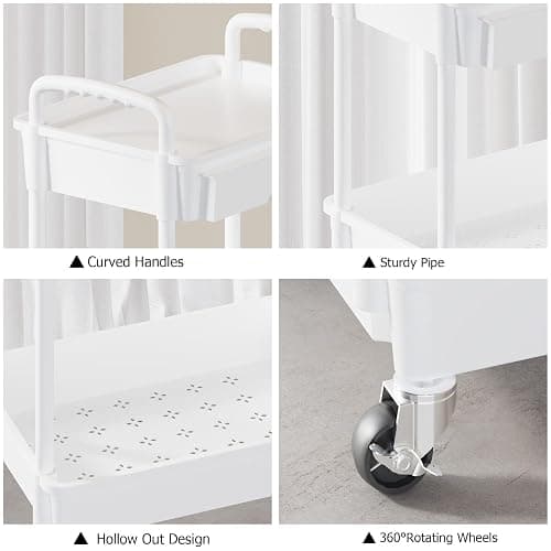 LLMRR 3 Tier Rolling Utility Cart with Drawer, Plastic Storage Organizer Rolling Carts with Wheels Handles Hanging Cups Hooks for Office, Bathroom, Kitchen,Craft Art Room (White) thumbnail 5