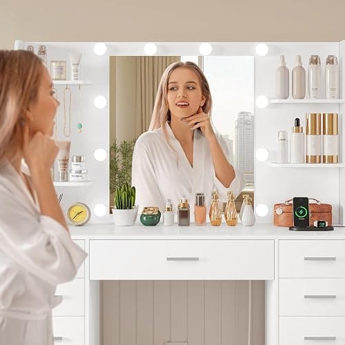 TEENFON Makeup Vanity with 11 Drawers, Vanity Desk with Mirror and Lights, 6 Shelves, 5 Jewel Hooks, Vanity Table with Power Strip for Bedroom, Livinng Room, White thumbnail 6
