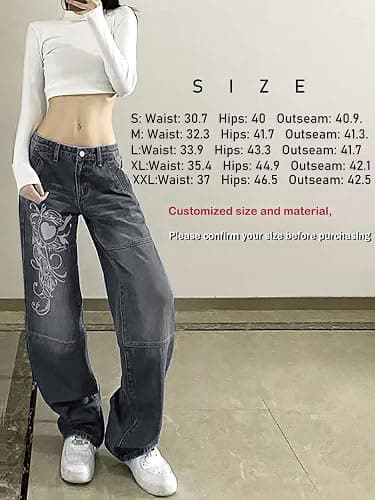 Xineicy Women's Low Rise Heart Pattern Baggy Jeans Washed Wide Leg Denim Cargo Pants thumbnail 4