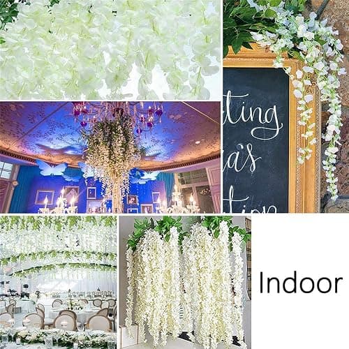 Wisteria Hanging Flowers 24 Pack White Dense Artificial Flowers Fake Wisteria Vine Rattan Hanging Garland Silk Flowers String for Party Home Wall Greenery Wedding Decor thumbnail 4