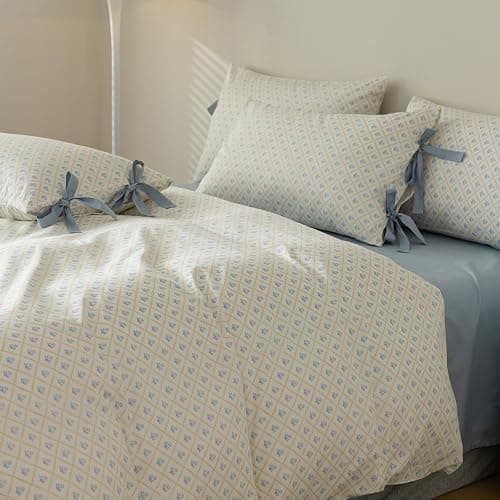 VM VOUGEMARKET Full Duvet Cover with Blue Flower Prints,100% Cotton Bedding Set,Yellow Plaid Grid Comforter Cover with Zipper Closure,80x90 Inch thumbnail 4