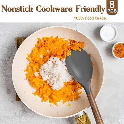 Non-Stick Silicone Kitchen Utensils Set with Natural Acacia Hard Wood Handle, Umite Chef 8 Pieces Kitchen Spatulas set, White, BPA Free, Baking, Serving and Cooking Utensils - White thumbnail 5