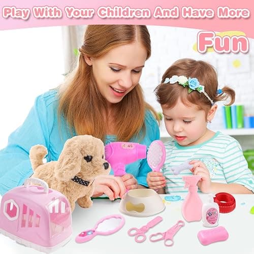 Volmop 14PCS Dog Toys for Kids, Walking Barking Electronic Interactive Plush Puppy Toy with Carrier and Accessories, Pet Care Toy Set for Kids, for Girls and Boys 3 4 5 6+ Year Old thumbnail 2