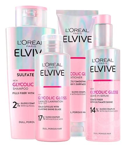 L'Oréal Paris Elvive Glycolic Gloss Balsamo da 150ml + Shampoo da 200ml + Siero Senza Risciacquo da 150ml + Trattamento Laminazione 5 minuti da 200ml per Capelli Spenti e Porosi - 4 flaconi - Image 1