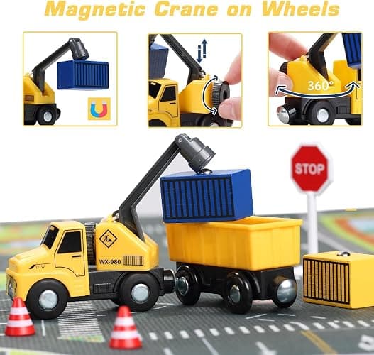 Giant bean 12 Vehicles Train Car Set Accessories, Battery Operated Magnetic Mini Construction Set for Wooden Train Tracks, Bulk Car Toys for Toddlers 3 4 5 Year Boys Girls Kids thumbnail 4