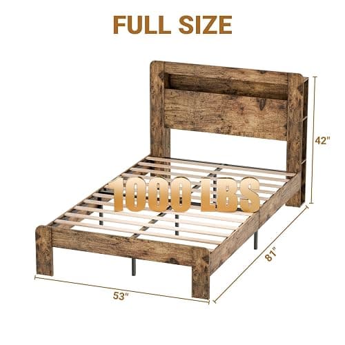 Zevemomo Full Size Bed Frame with LED Lights, Full Bed Frame with Headboard, Charging Station with 2 USB Ports & 2 AC Outlets, Sturdy Wood Framework, No Noise, Rustic Brown (Rectangular Slot) thumbnail 2
