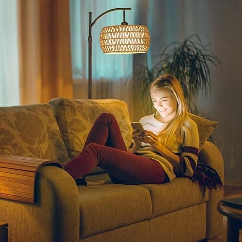 Arc Floor Lamp with Remote Control, Dimmable LED Floor Lamp with 3 Color Temperature, Black Standing Lamp with Rattan & Fabric Double Drum Shade, Boho Farmhouse Tall Pole Lamp for Living Room Bedroom thumbnail 9