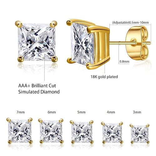 Gemsme 5 Pairs Princess Cut Cubic Zirconia Stud Earrings for Women/Men - 18K Gold Plated Hypoallergenic 3-7mm Square Clear CZ Earring Set thumbnail 2