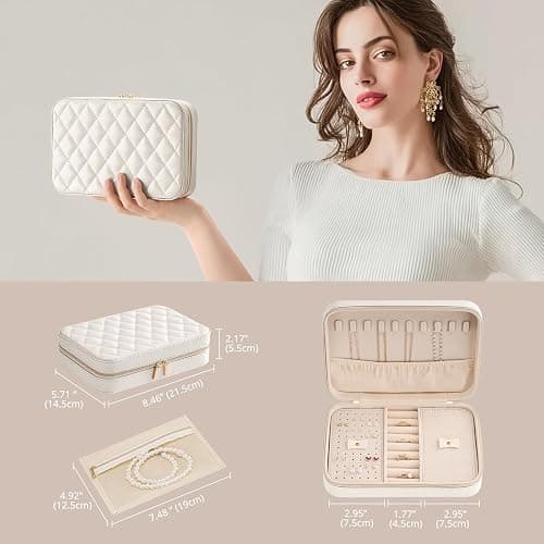 Lolalet Travel Jewelry Case for Women Girls, Travel Jewelry Organizer Box with Mirror & Clear Storage Bag, Small Portable Earring Necklace Bracelet Ring Case, Birthday Valentine Gifts -Medium, White thumbnail 6